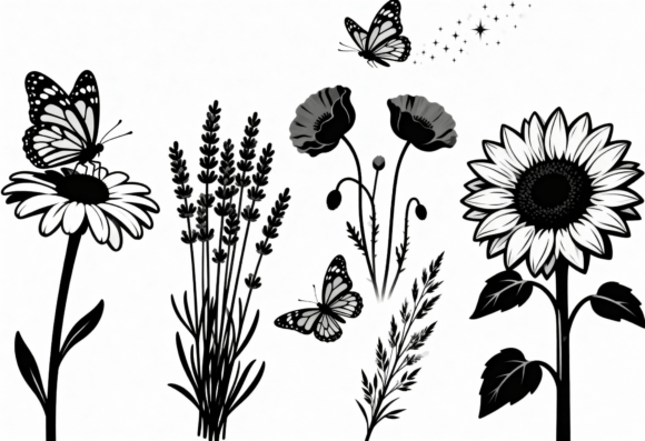 Black and White Floral Butterfly SVG