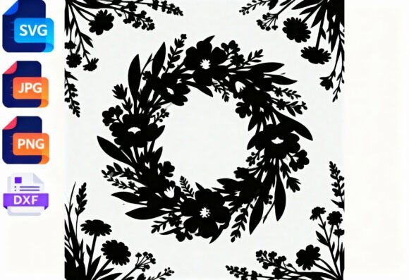 Floral Wreath SVG Cut File Black