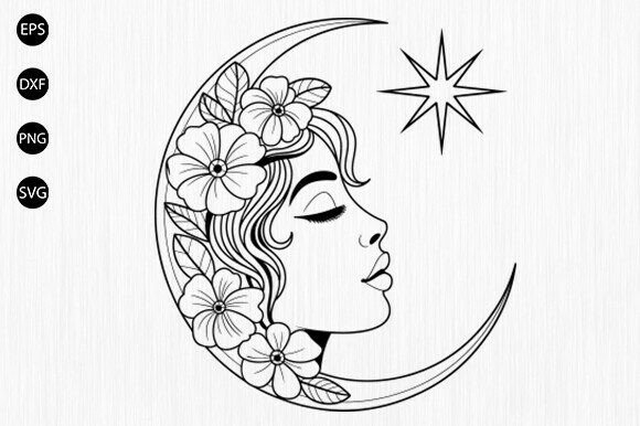 Moon with Stars SVG, Floral Moon SVG